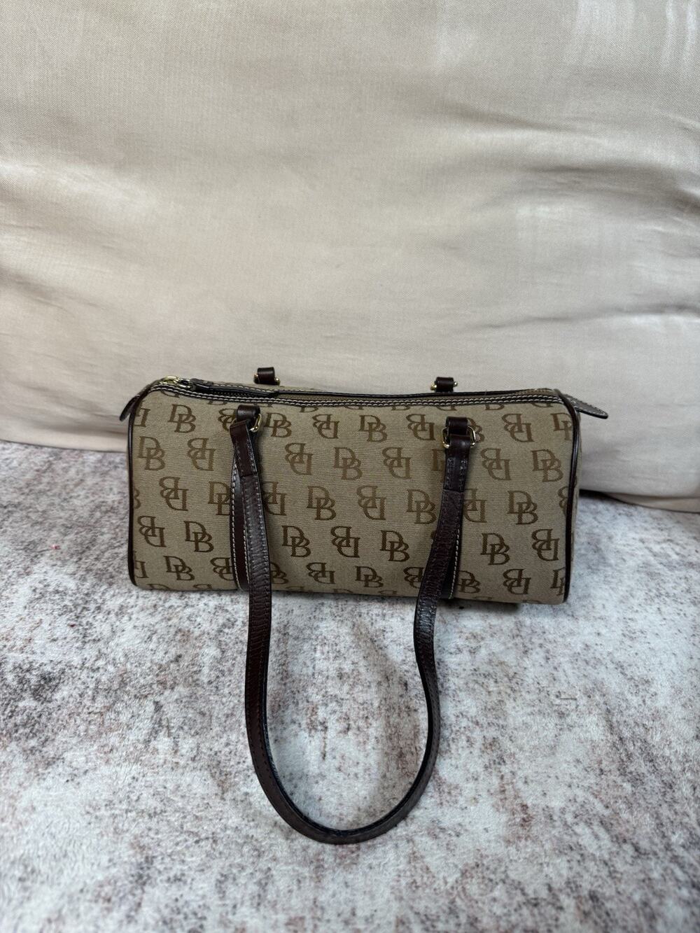 VTG Dooney & Bourke Signature Monogram Barrel Bag Canvas Leather Trim Brown Y2K
